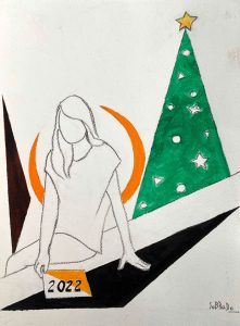 Imagen de postal navideña. Una mujer sujeta calendario de 2022 con árbol de navidad detrás. Creada por P. Sobrado