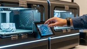 El brazo de un hombre se extiende hasta tocar una pantalla táctil con sus dedos que activa una máquina de impresión 3D frente a él.