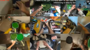 Punto de vista de diferentes personas mientras utilizan las gafas de CookAR. Diferentes utensilios de cocina aparecen coloreados, resaltando los mangos y agarres en un color diferente a los bordes y filos.