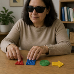 Mujer con gafas de sol toca pegatinas con diferentes formas (triángulo, cuadrado, círculo, flecha), relieve y colores de alto contraste (rojo, azul, verde y amarillo)