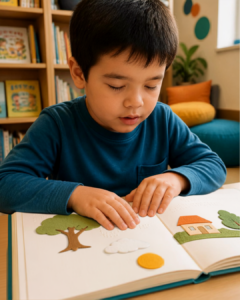 Niño de 6 años tocando un libro táctil con dibujos en relieve y braille.