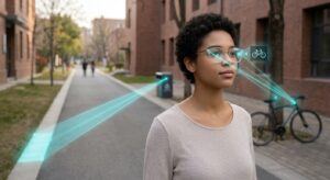Una chica camina por la calle llevando unas gafas inteligentes que le indican dónde hay diferentes obstáculos como una papelera y una bicicleta.