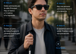 Un hombre camina con un bastón blanco por una avenida, lleva las Ray-Ban Meta, que le dicen: Estás caminando por la calle principal, tienes un banco a 3 metros a tu izquierda. Tienes un paso de cebra frente a ti, ¿quieres que te guie para cruzar? Hay una persona caminando hacia ti a tu derecha. El semáforo está en verde, puedes cruzar con precaución.